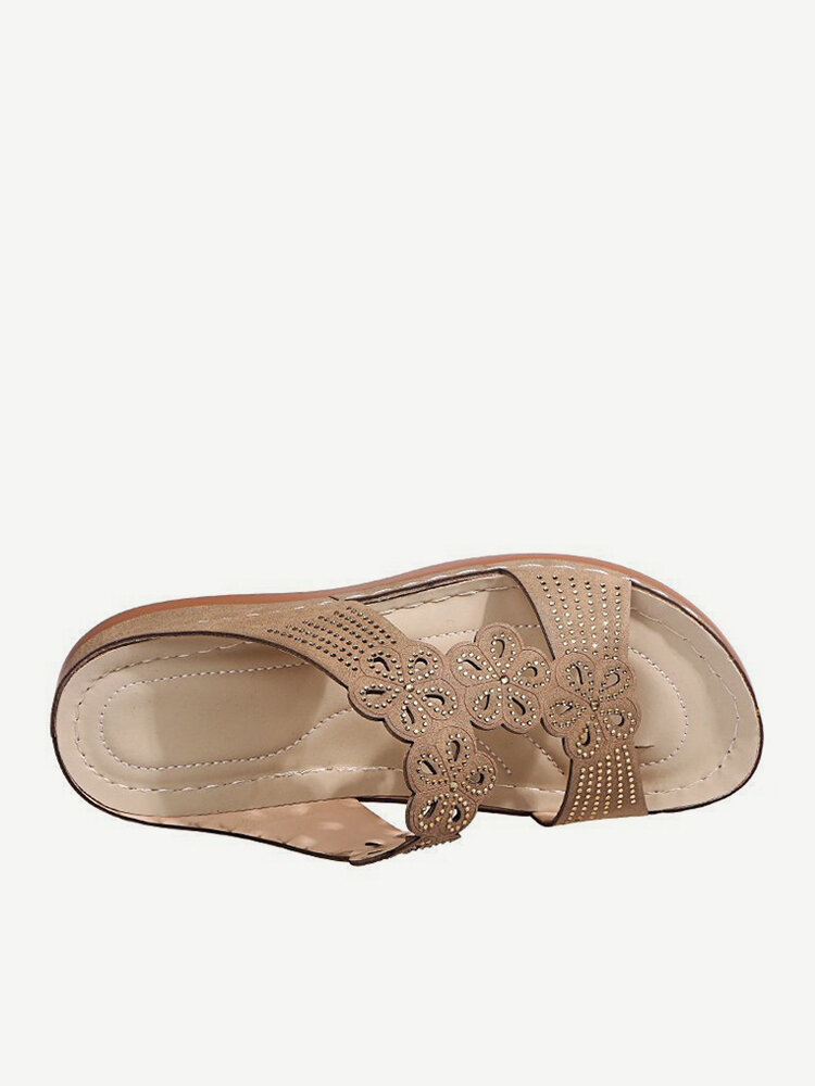 
	Women Rhinestone Carved Hollow Slippers Comfy Slip On Casual Wedges Sandals