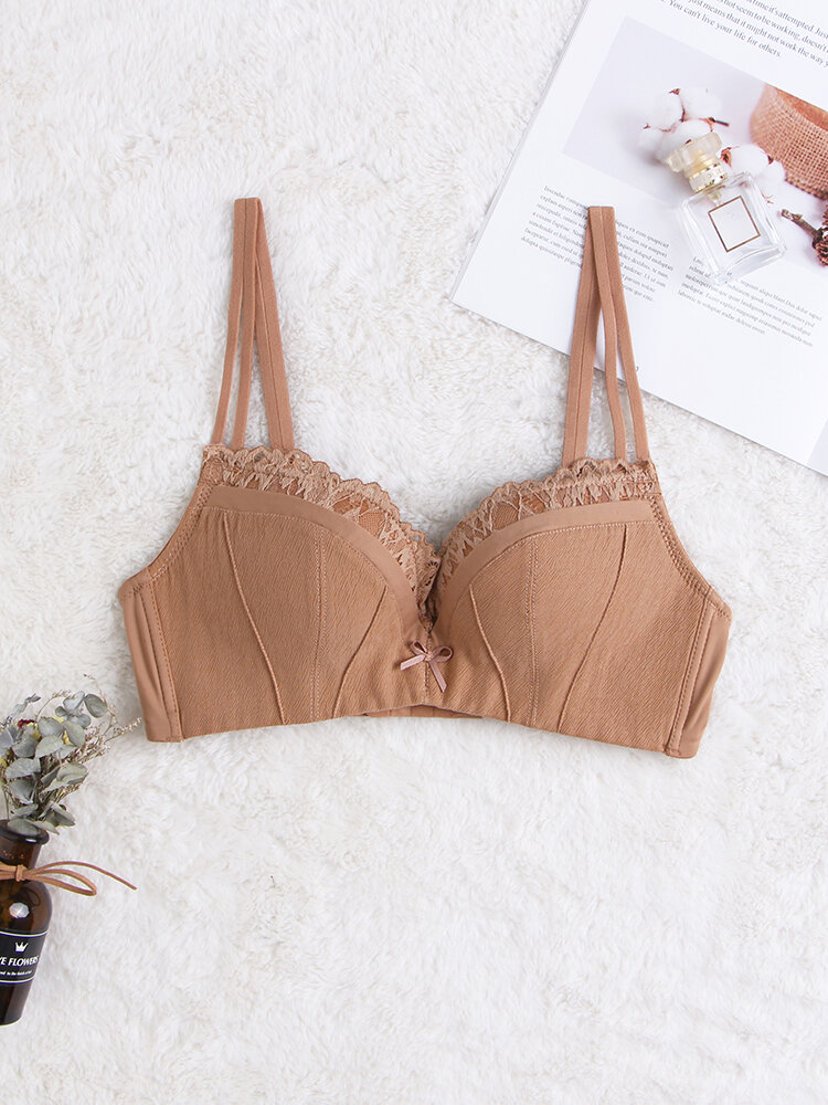 
	Women Wireless Lace Trim Push Up Double Spaghetti Straps Bra