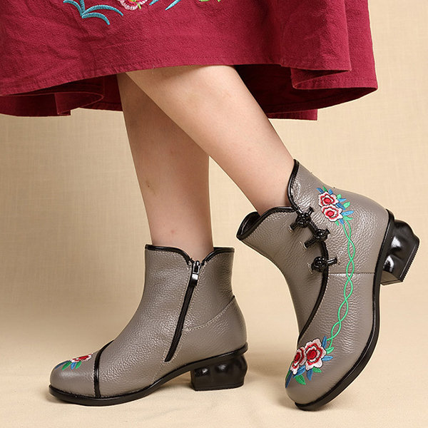 
	Embroidered Folkways Mid Heel Leather Frog Buttons Boots
