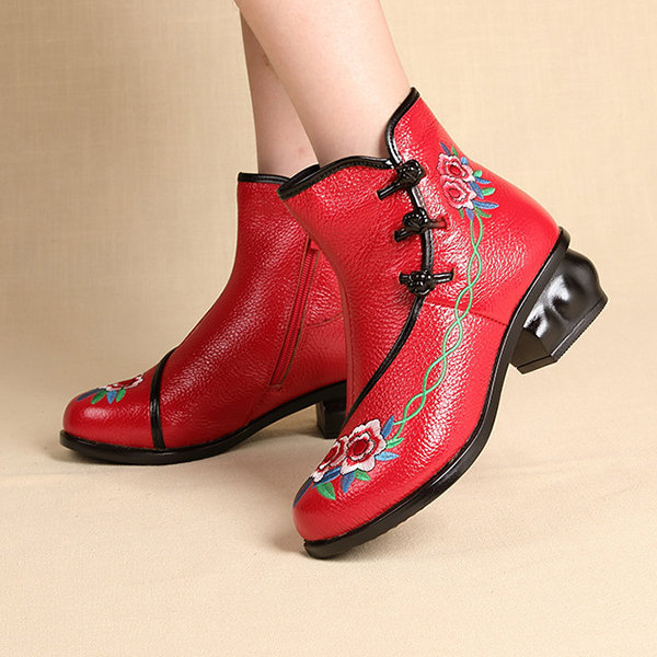 
	Embroidered Folkways Mid Heel Leather Frog Buttons Boots