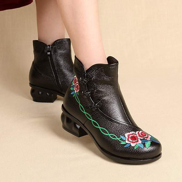 
	Embroidered Folkways Mid Heel Leather Frog Buttons Boots