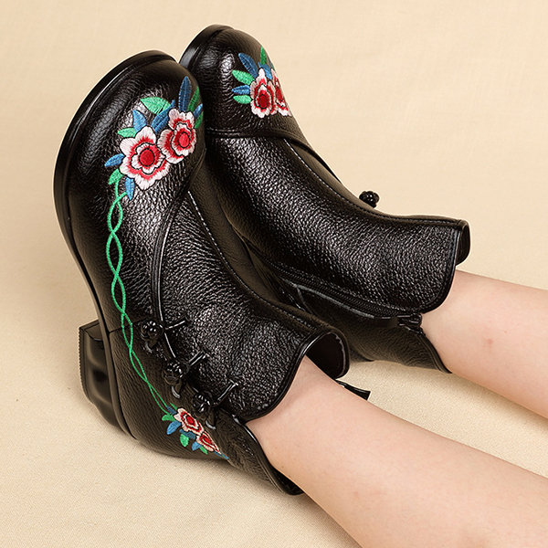 
	Embroidered Folkways Mid Heel Leather Frog Buttons Boots