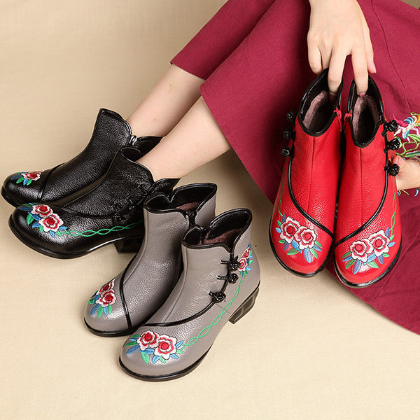 
	Embroidered Folkways Mid Heel Leather Frog Buttons Boots