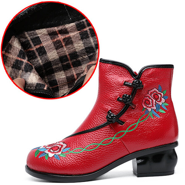
	Embroidered Folkways Mid Heel Leather Frog Buttons Boots