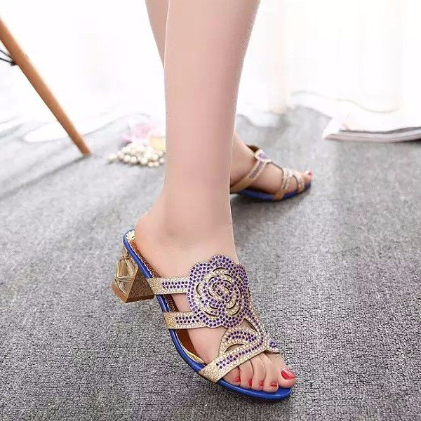 
	Rose Floral Rhinestone Beaded Crystal Peep Toe Hollow Out Slip On Slippers