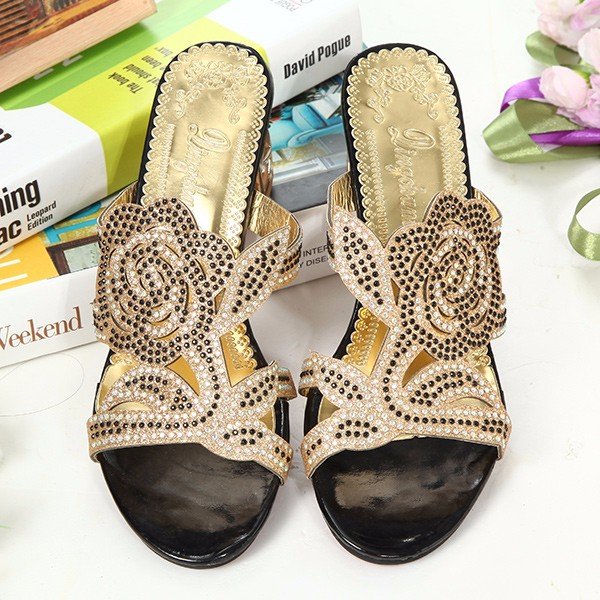 
	Rose Floral Rhinestone Beaded Crystal Peep Toe Hollow Out Slip On Slippers