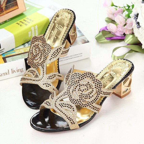 
	Rose Floral Rhinestone Beaded Crystal Peep Toe Hollow Out Slip On Slippers