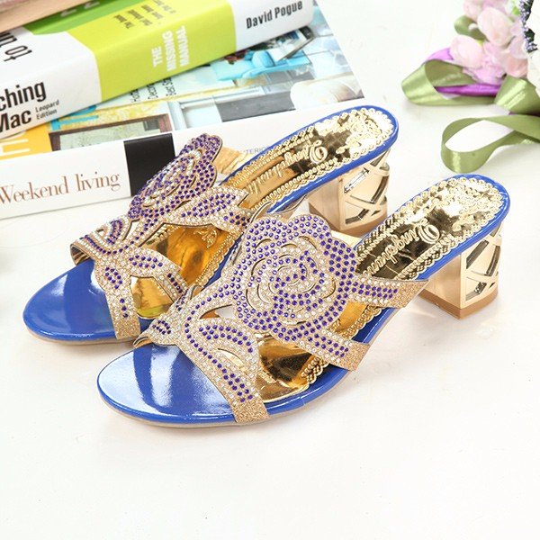 
	Rose Floral Rhinestone Beaded Crystal Peep Toe Hollow Out Slip On Slippers