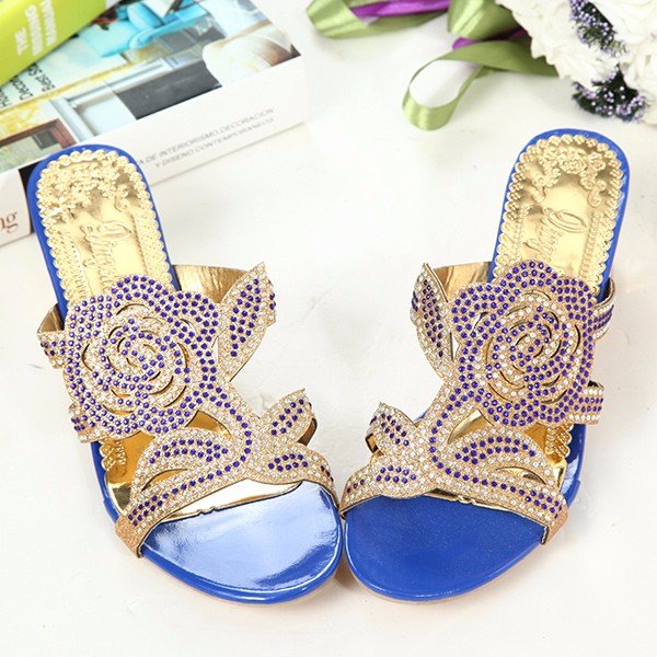 
	Rose Floral Rhinestone Beaded Crystal Peep Toe Hollow Out Slip On Slippers