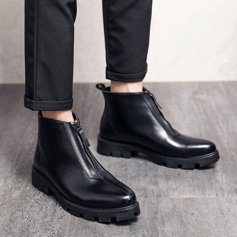 
	Men Front Zipper Comfy Wear-resistant Black Leather Ankle Boots
