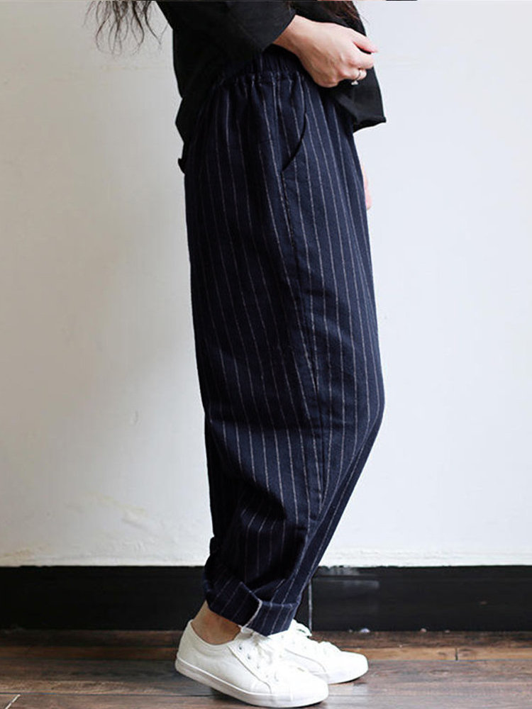 
	Vintage Stripes Pockets Elastic Waist Loose Pants