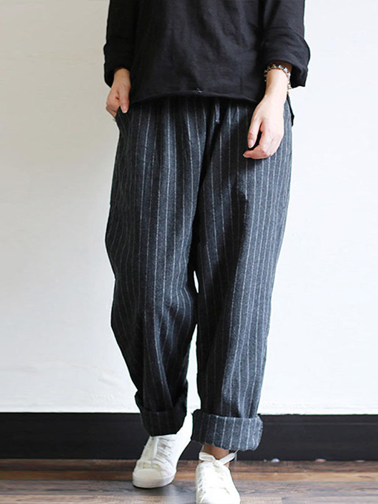 
	Vintage Stripes Pockets Elastic Waist Loose Pants