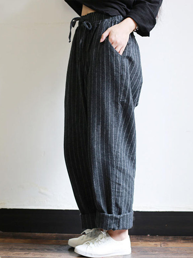 
	Vintage Stripes Pockets Elastic Waist Loose Pants