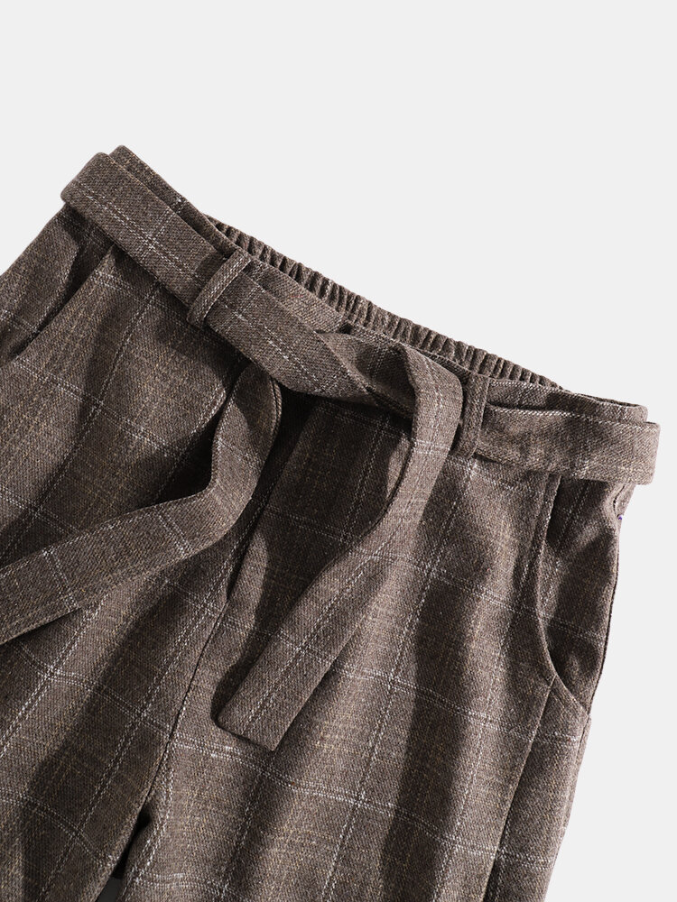 
	Mens Plaid Vintage Zipper Fly Belted Casual Pants