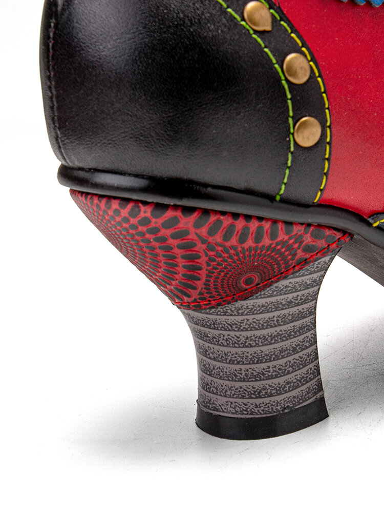 
	SOCOFY Splicing Color Block Rivet Leather Lace Up Comfy Round Toe Casual Hollow Out Heels Pumps