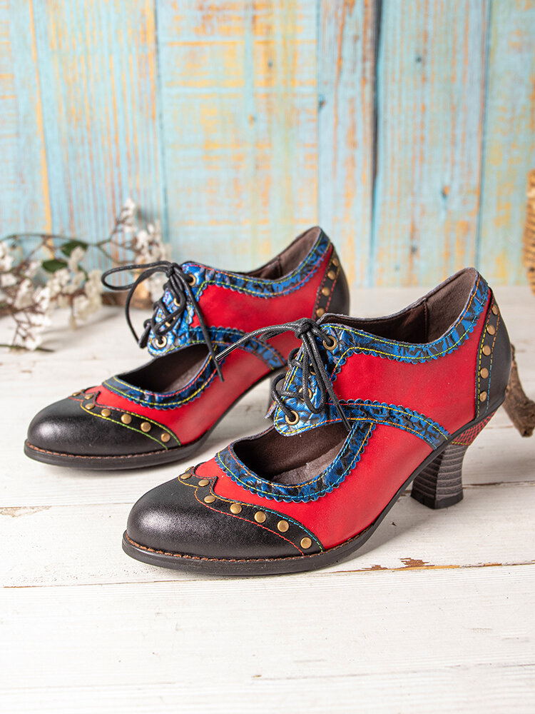 
	SOCOFY Splicing Color Block Rivet Leather Lace Up Comfy Round Toe Casual Hollow Out Heels Pumps
