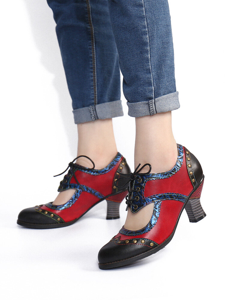 
	SOCOFY Splicing Color Block Rivet Leather Lace Up Comfy Round Toe Casual Hollow Out Heels Pumps