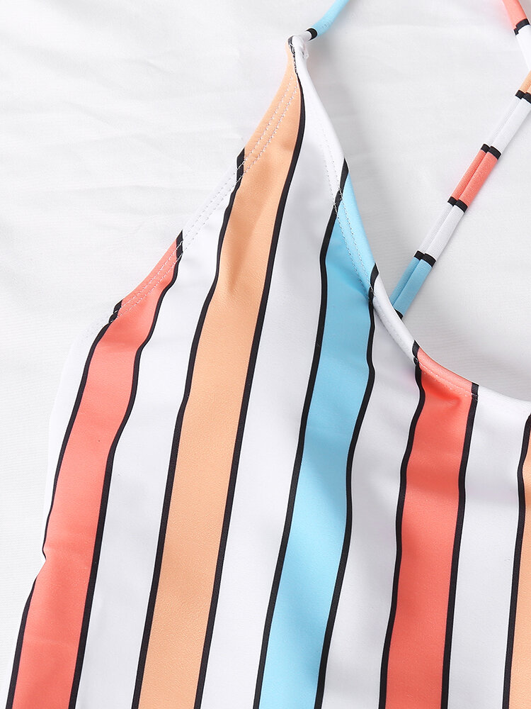 
	Women Colorful Stripe Criss Cross Backless One Piece Slimming Swimsuit
