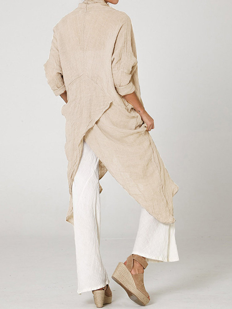 
	Vintage Long Sleeve Pile Collar Asymmetrical Long Blouse