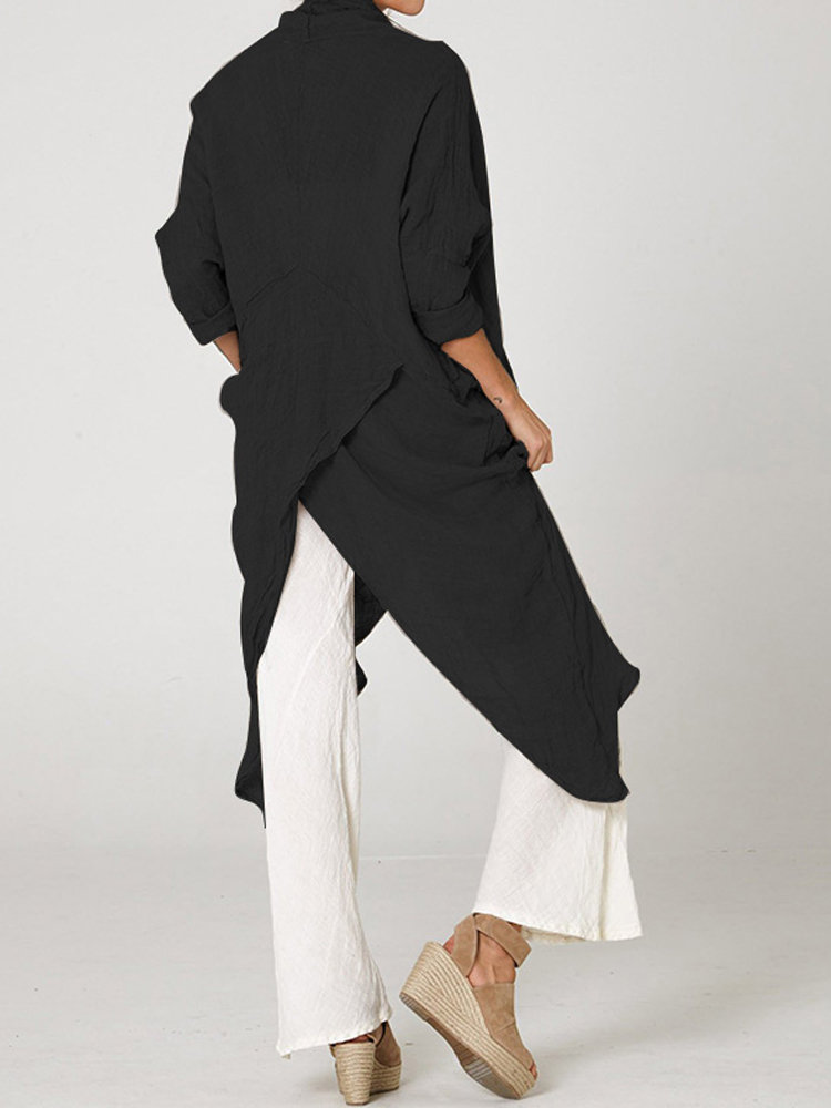 
	Vintage Long Sleeve Pile Collar Asymmetrical Long Blouse