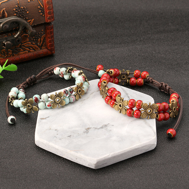 
	Women’s Ethnic Bracelet Flower Ceramics Beads Retro Rope Bracelet