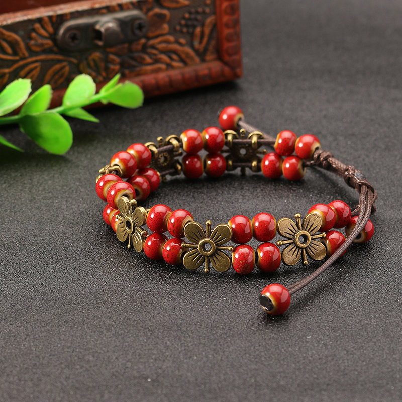 
	Women’s Ethnic Bracelet Flower Ceramics Beads Retro Rope Bracelet