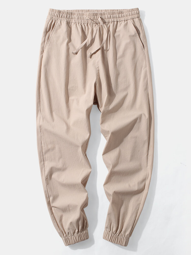 
	Mens 100% Cotton Solid Casual Drawstring Elastic Ankle Pants