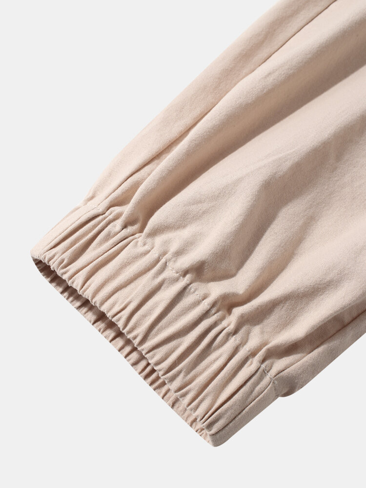 
	Mens 100% Cotton Solid Casual Drawstring Elastic Ankle Pants