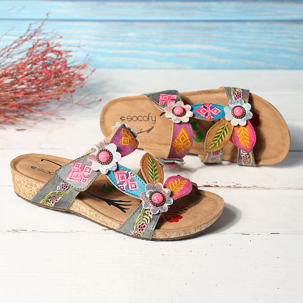 
	SOCOFY Hand Painted Genuine Leather Retro Gems Floral Pattern Hook Loop Comfortable Sandals