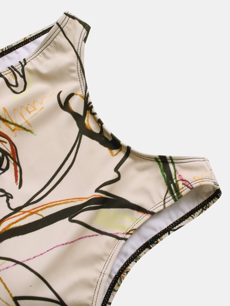 
	Women Graffiti Abstract Print Round Neck One Piece Sleevless Slimming Swimsuit