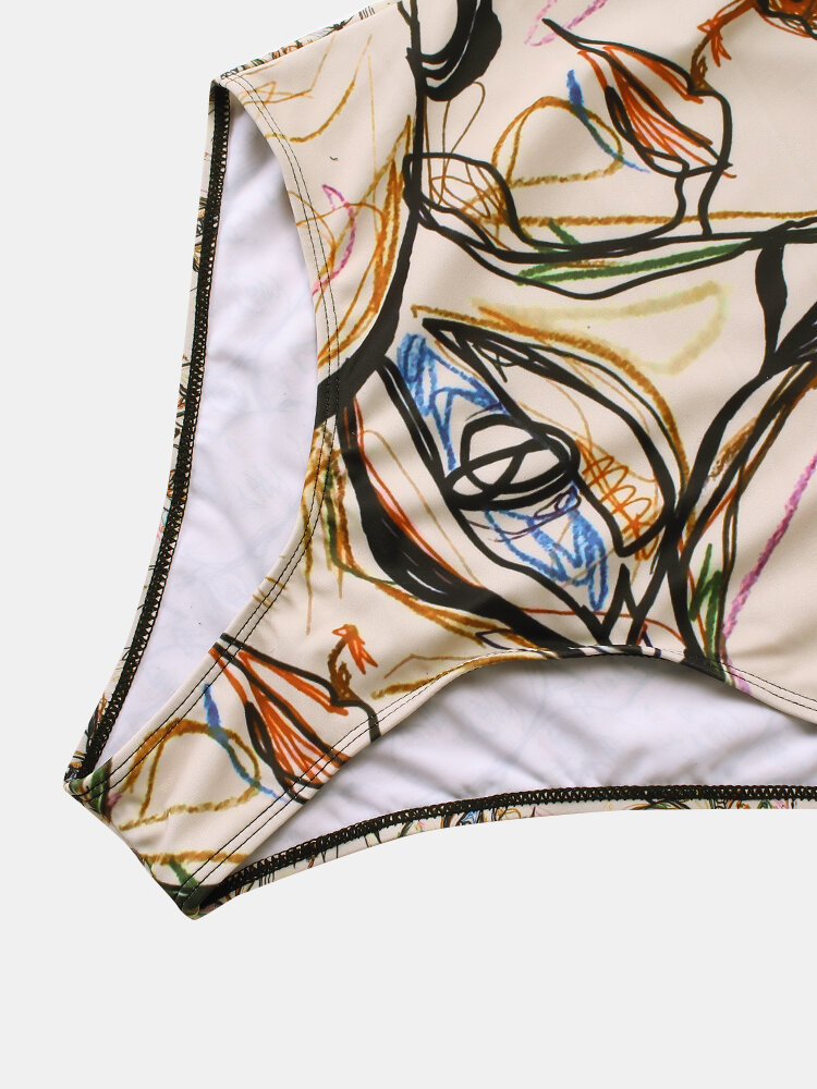 
	Women Graffiti Abstract Print Round Neck One Piece Sleevless Slimming Swimsuit