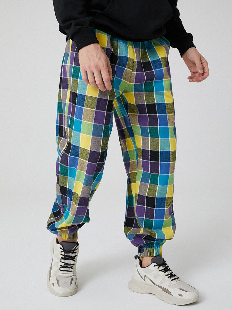 
	Mens 100% Cotton Colorful Check Casual Drawstring Jogger Pants With Pocket