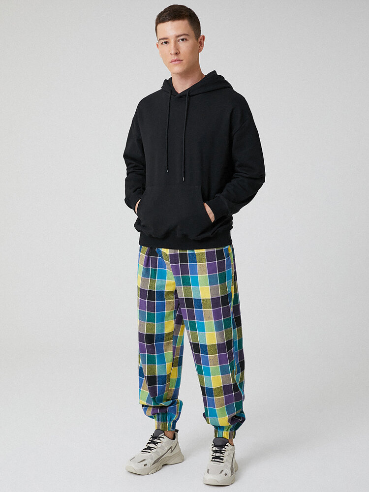 
	Mens 100% Cotton Colorful Check Casual Drawstring Jogger Pants With Pocket