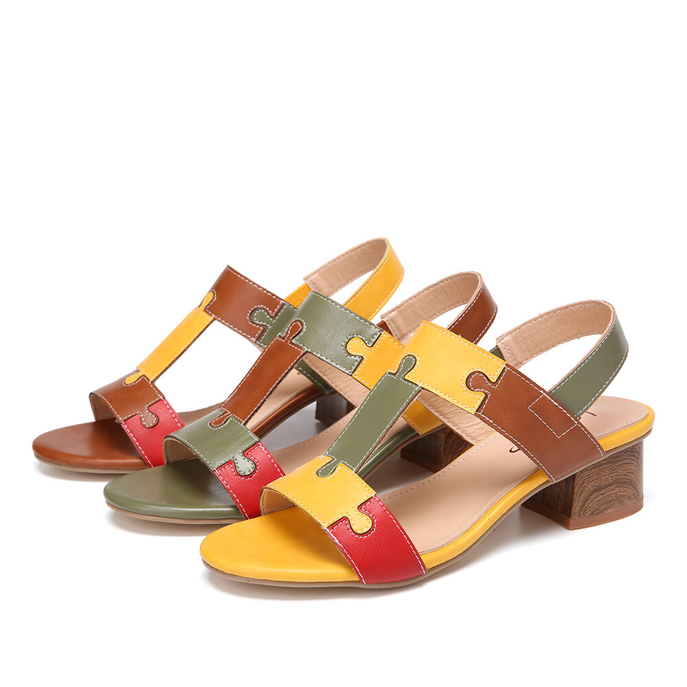 
	LOSTISY Color Block T Shape Opened Toe Elastic Band Chunky Heel Sandals
