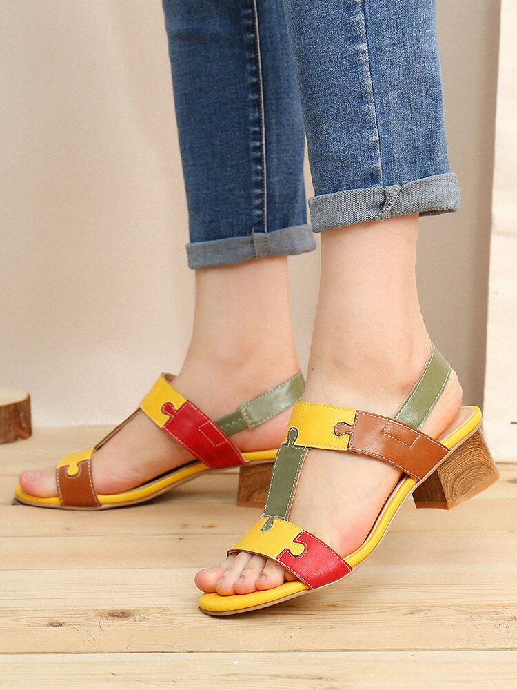 
	LOSTISY Color Block T Shape Opened Toe Elastic Band Chunky Heel Sandals