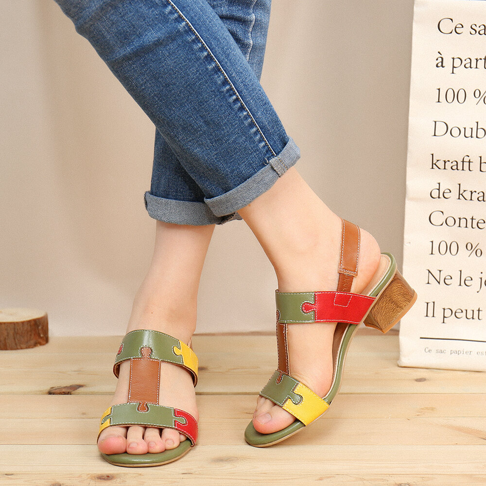 
	LOSTISY Color Block T Shape Opened Toe Elastic Band Chunky Heel Sandals