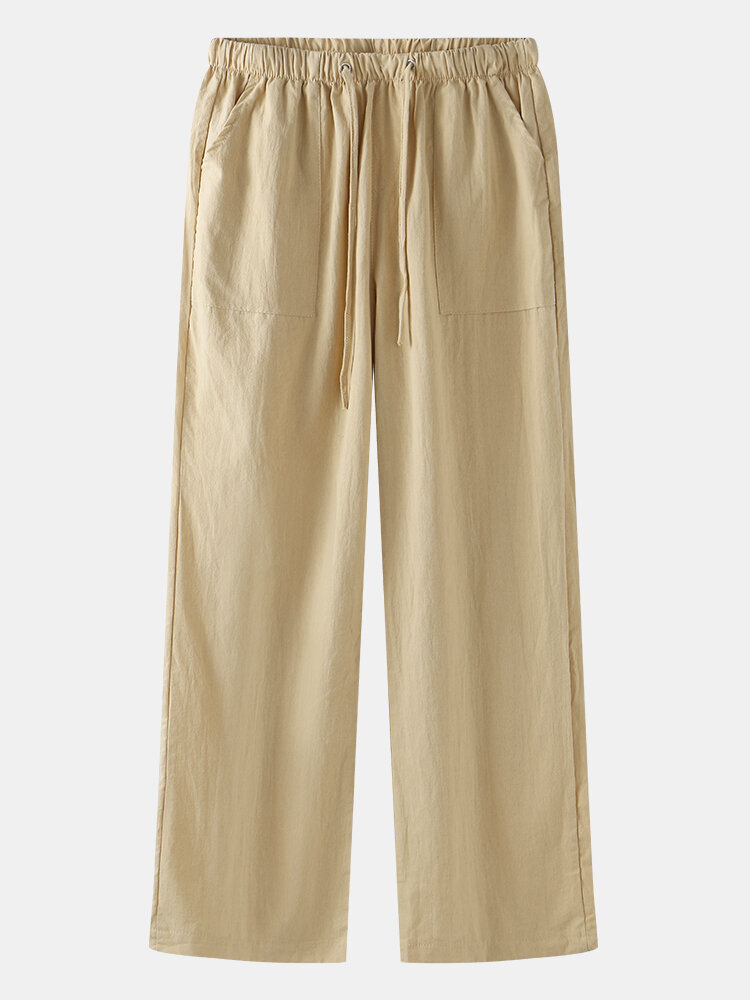 
	Men Solid Color Drawstring Pocket Casual Loose Straight Pants