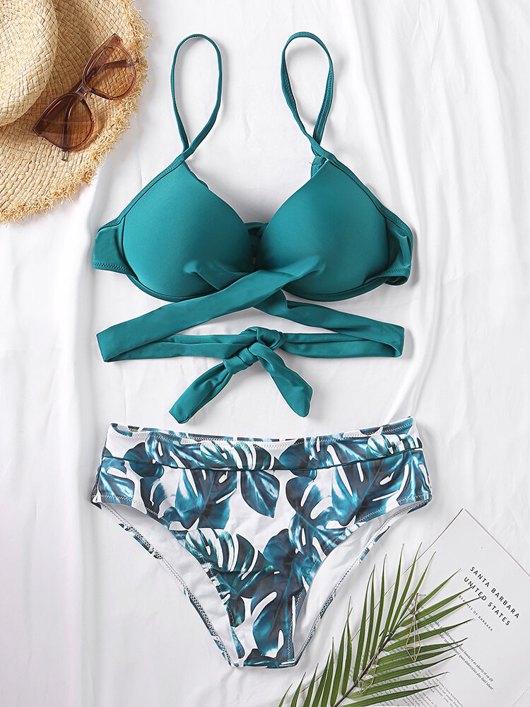 
	Women Plant Print Wrap Underwire Tie Back Spaghetti Straps Bikinis Swimwear