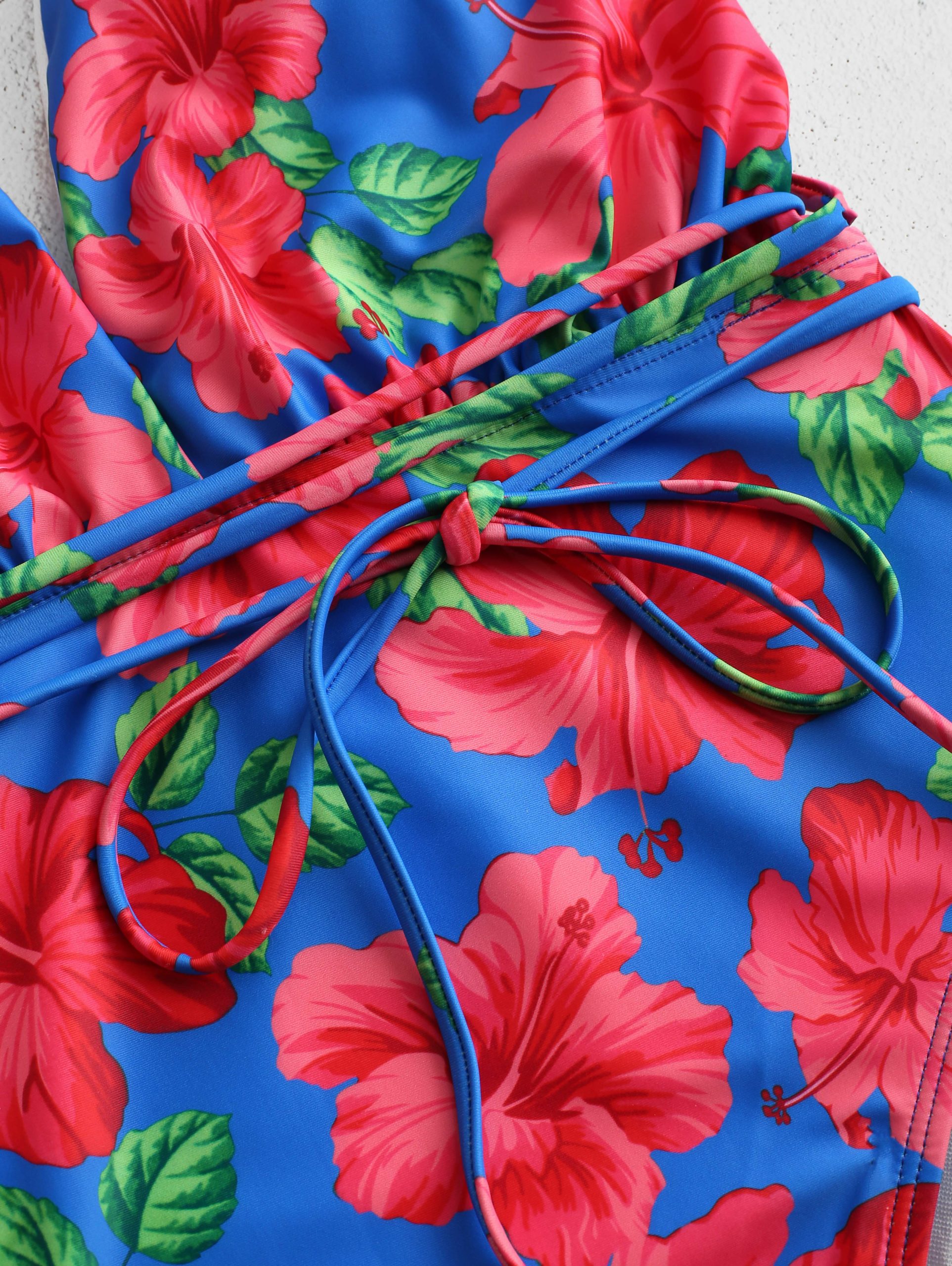 
	Floral Blue Swimsuits V-Neck Sexy Floral Print One Piece for Women