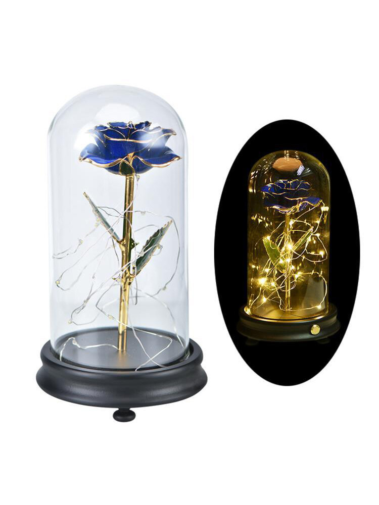 
	24K Gold Rose with LED Light Artificial Decoration Dome Wood Base Valentine’s Gifts