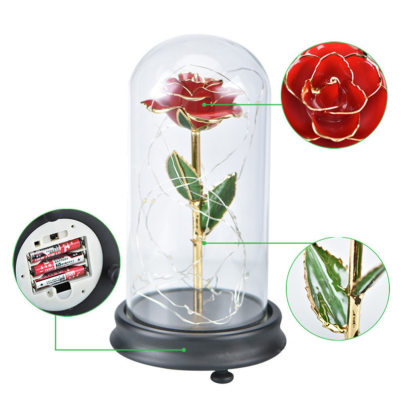 
	24K Gold Rose with LED Light Artificial Decoration Dome Wood Base Valentine’s Gifts