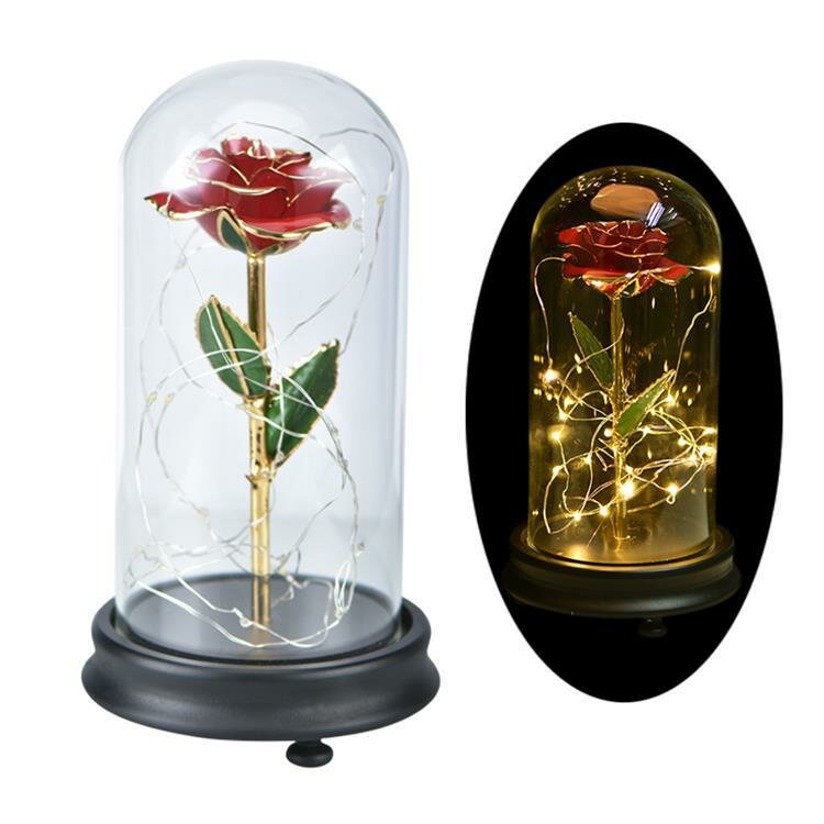 
	24K Gold Rose with LED Light Artificial Decoration Dome Wood Base Valentine’s Gifts