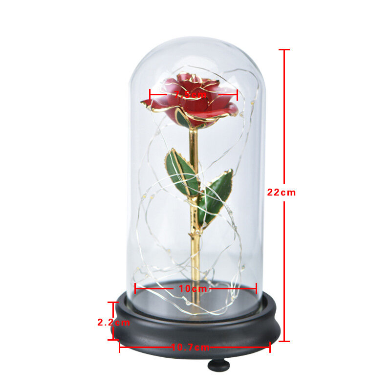 
	24K Gold Rose with LED Light Artificial Decoration Dome Wood Base Valentine’s Gifts