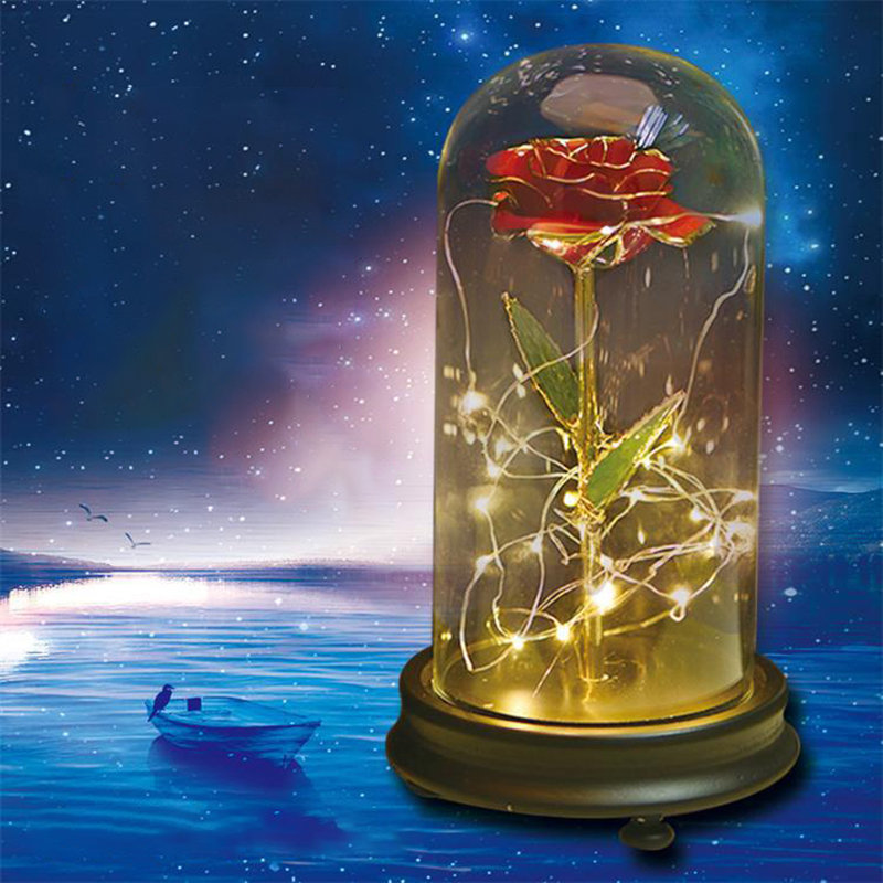 
	24K Gold Rose with LED Light Artificial Decoration Dome Wood Base Valentine’s Gifts