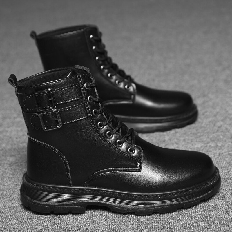 
	Men Non-Slip Pure Color Buckle PU Lace Up Casual Short Calf Boots