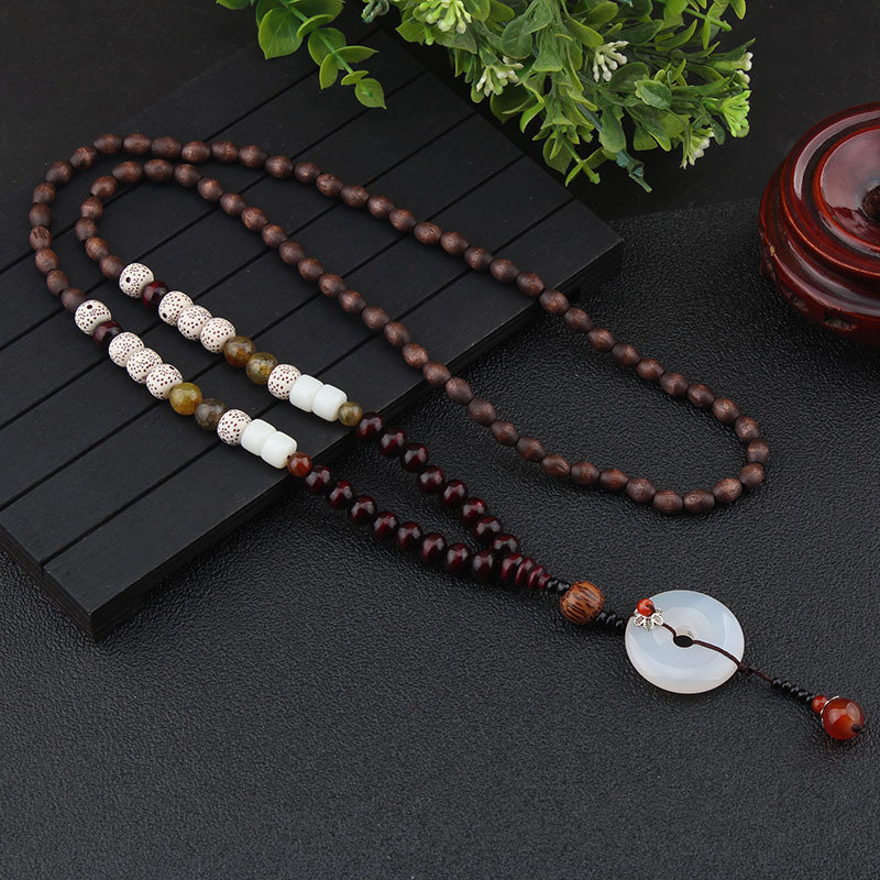 
	Ethnic Geometric Pendant Long Necklace Jade Agate Handmade String Beads Long Necklace