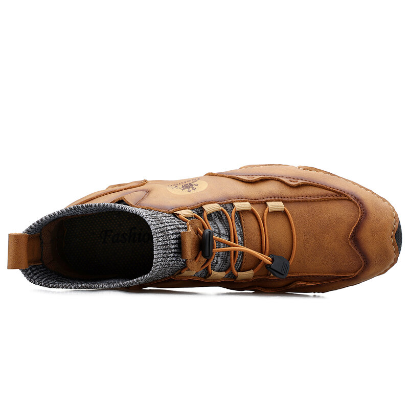 
	Menico Men Cow Leather Splicing Non Slip Elastic Lace Soft Sole Casual Boots