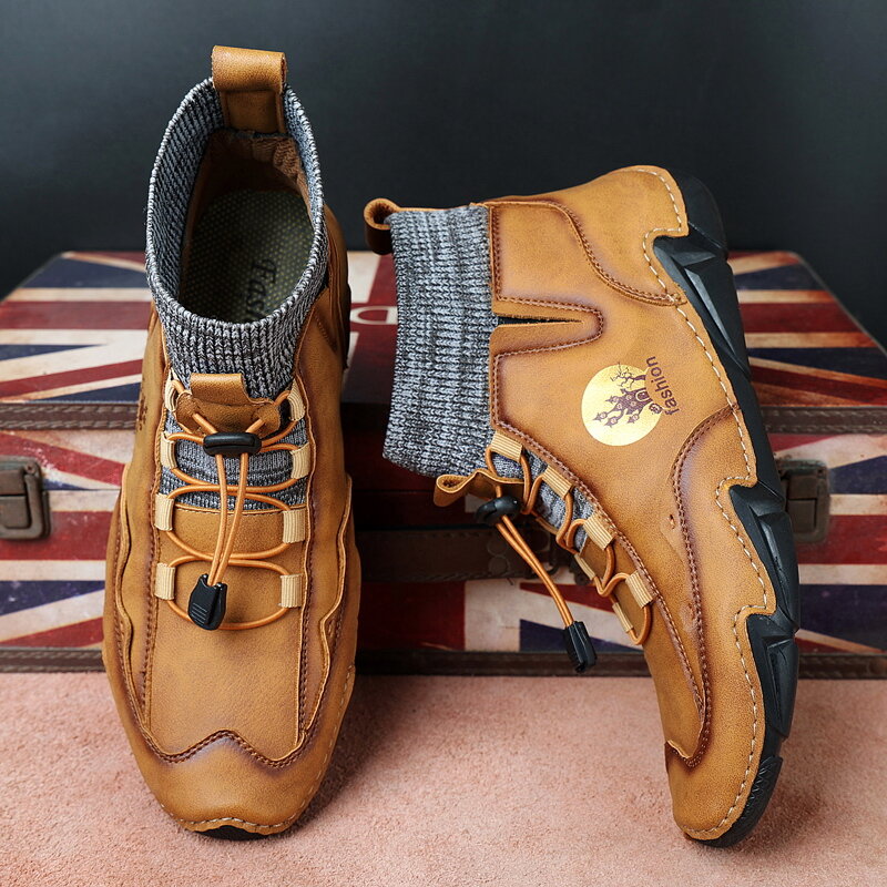 
	Menico Men Cow Leather Splicing Non Slip Elastic Lace Soft Sole Casual Boots