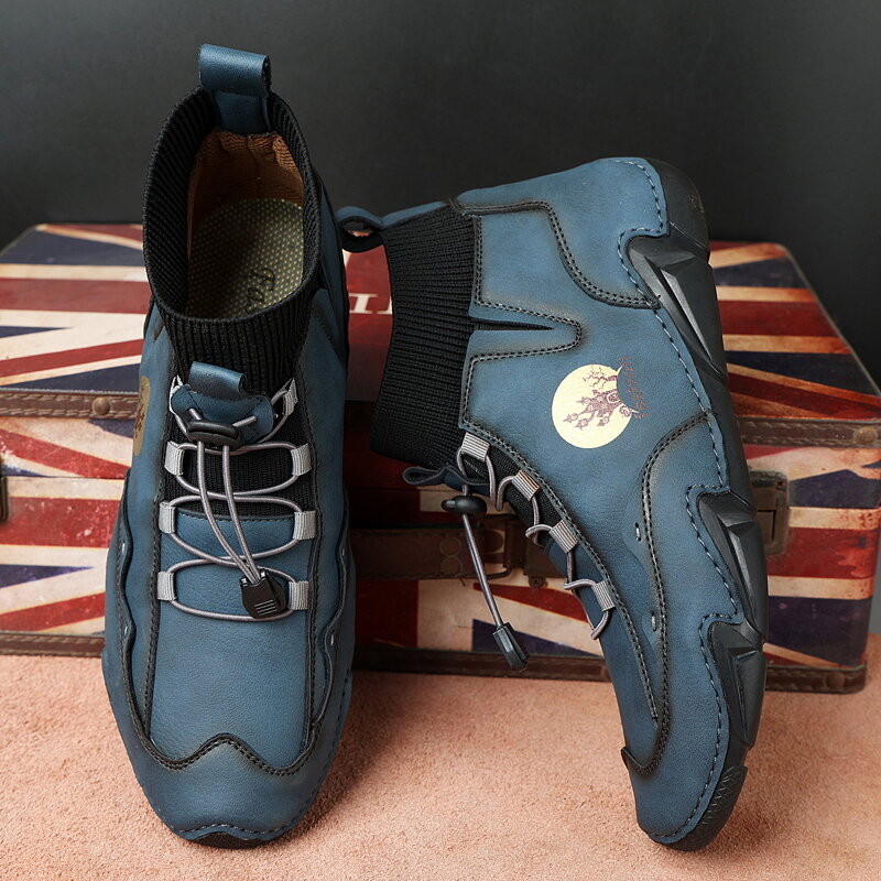 
	Menico Men Cow Leather Splicing Non Slip Elastic Lace Soft Sole Casual Boots