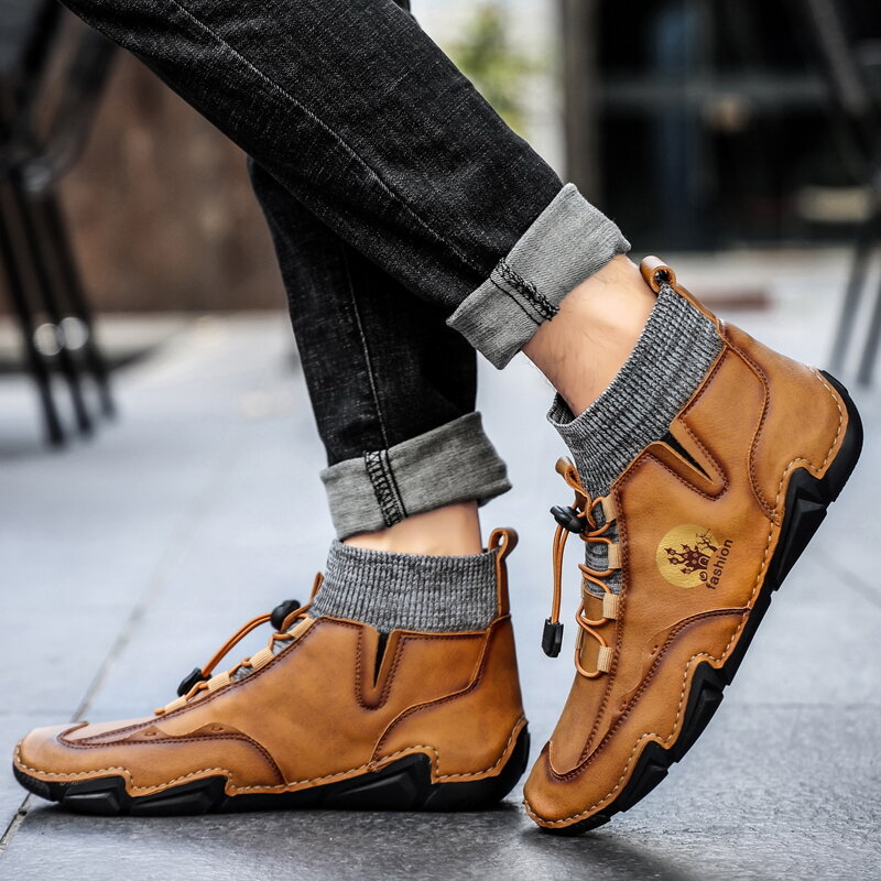 
	Menico Men Cow Leather Splicing Non Slip Elastic Lace Soft Sole Casual Boots